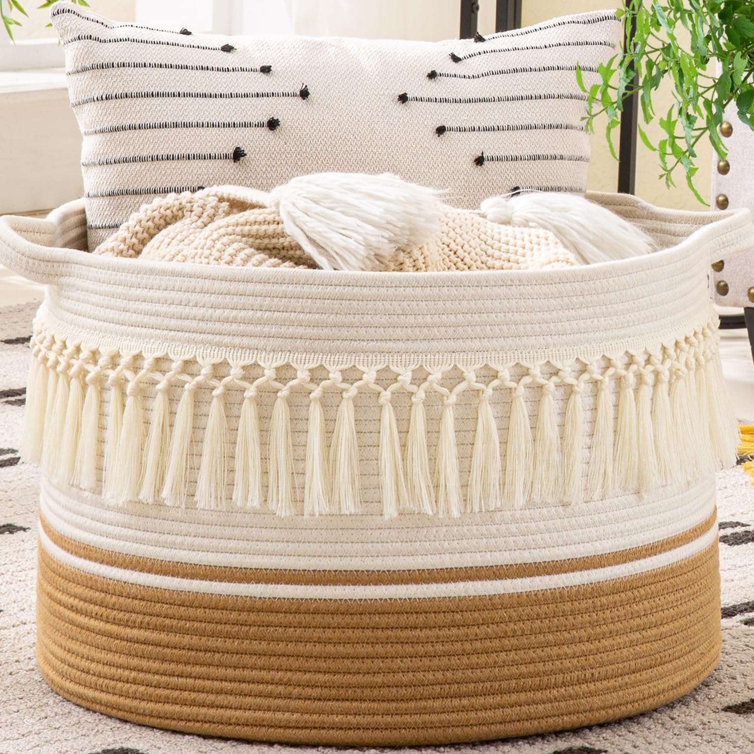 KAKAMAY Large Blanket Basket (20"x13"),Woven Baskets for storage Baby Laundry Hamper, Cotton Rope Blanket Basket for Living Room, Laundry, Nursery, Pillows, Baby Toy chest (White/Brown)